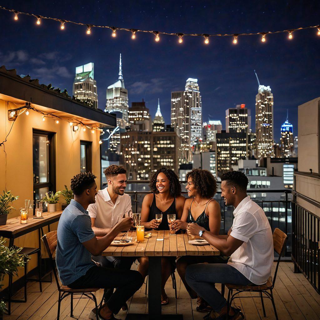 A lively urban scene with couples laughing and connecting at a colorful rooftop event, twinkling fairy lights creating an intimate atmosphere. Include diverse individuals engaging in playful conversation, sipping drinks, and enjoying the city skyline in the background. Capture the essence of love and community in a vibrant, romantic setting. vibrant colors. 3D.