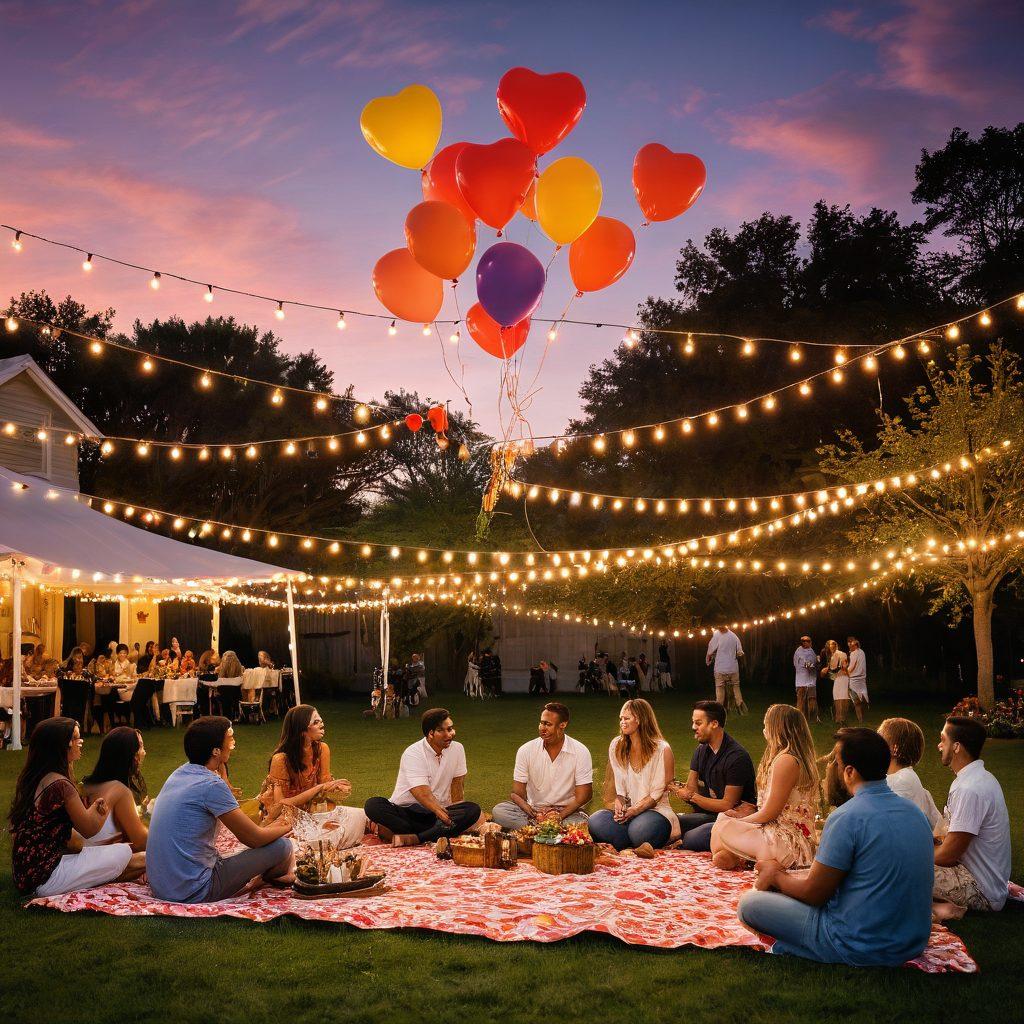 A lively outdoor scene of a diverse group of couples enjoying a colorful community gathering, featuring romantic elements like string lights, picnic blankets, and playful games. Show people dancing, laughing, and sharing intimate moments under a sunset sky, surrounded by vibrant flowers and local art. Enhance the atmosphere with heart-shaped balloons and whimsical decorations to depict a warm and inviting ambiance. super-realistic. vibrant colors. warm tones.