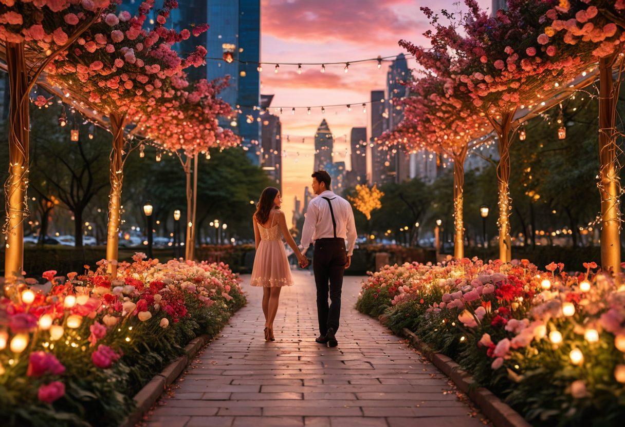 A romantic scene in an urban park at sunset, featuring a couple holding hands surrounded by blooming flowers and twinkling fairy lights. Soft glowing lights illuminate the pathways, while city skyscrapers stand gracefully in the background. The atmosphere is filled with warmth and love, inviting viewers to feel the magic of romance. super-realistic. vibrant colors. ethereal glow.